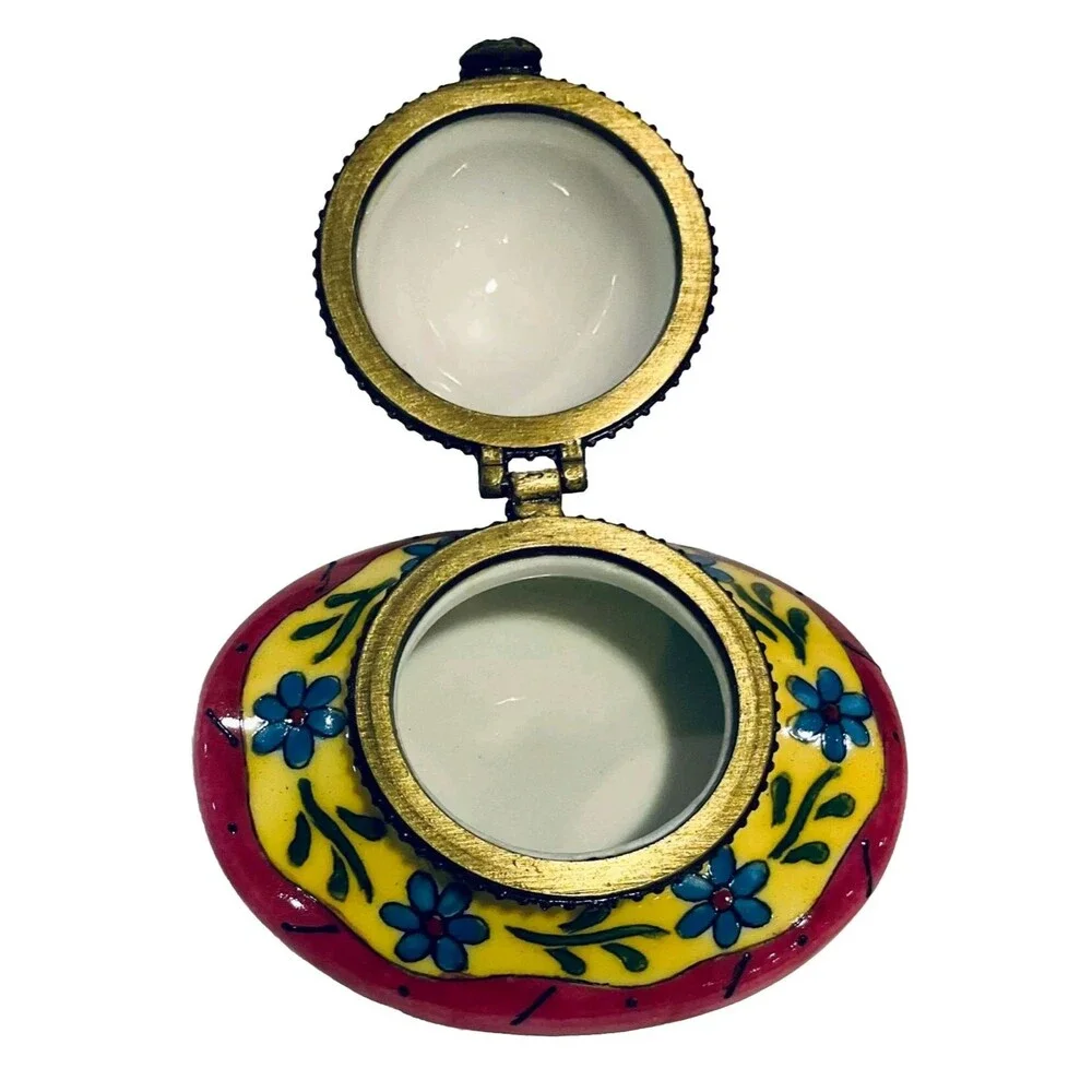 Hat Cap Bonnet Trinket Pill Box Pink Yellow Floral Colorful Ceramic Hinged